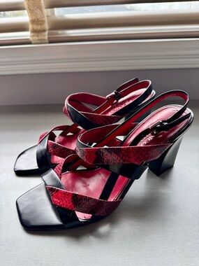 Franco Sarto Leather Strappy Heels | Red Python Embossed | Size 8.5| As New